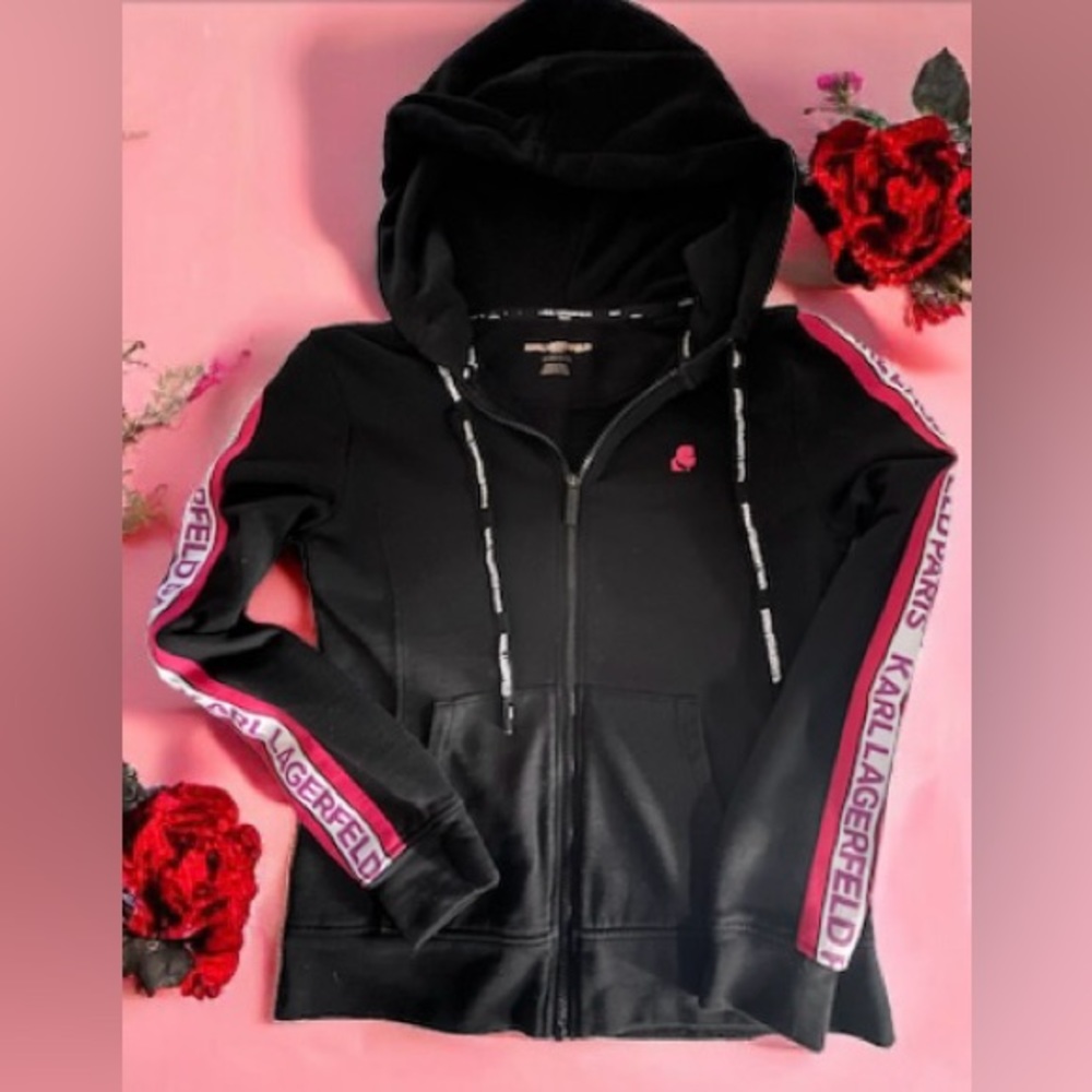 NWOT Karl Lagerfeld Hoodie Full Zip, Pockets Black & Pink Sz ladies XS/S - Picture 2 of 10